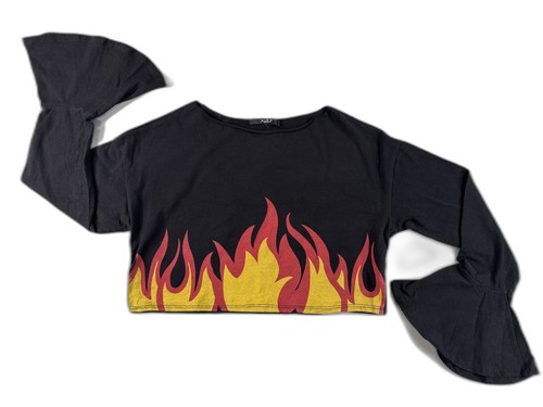 Burning Flame Bell Sleeve Top Black Red Yellow Graphic Off Shoulder
