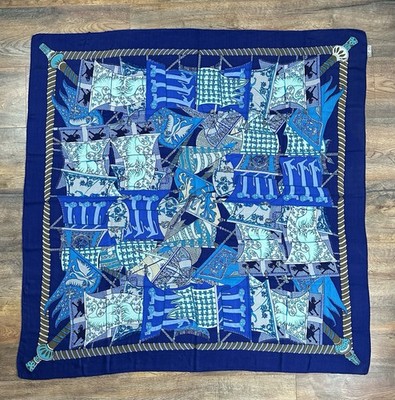 HERMES BLUE SILK & CASHMERE ETENDARDS ET BANNIERES 140CM SHAWL/SCARF  Rare