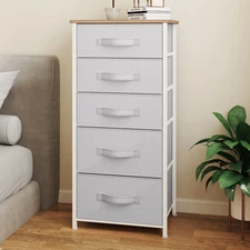 Uforic 5 Drawer Vertical Fabric Dresser Storage Tower w Steel Frame & Wood Top