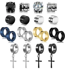 Clip On Magnetic Non Pierced Stainless Steel Cross, Hoop, Cz Earrings Set Of 10