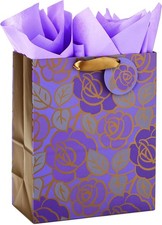 13" Large Gift Bag with Tissue Paper Purple Flowers, Gold Accents for