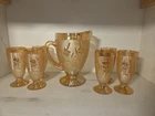 Jeanette Iris Herringbone Marigold 6 Footed Tumblers  Pitcher Set Carnival Glass