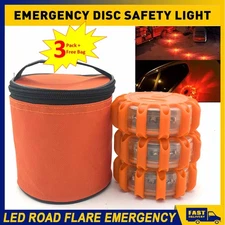 3X LED Road Flares Safety Flashing Warning Light Roadside Emergency Disc Beacon