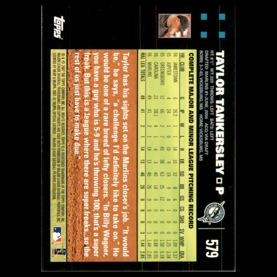 Taylor Tankersley #579 2007 Topps Florida Marlins Baseball Card MLB NM - Image 2 of 3