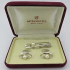 MIKIMOTO 925 Silver Akoya Pearl Oval Cufflinks & Tie Clip Bar Set with Box