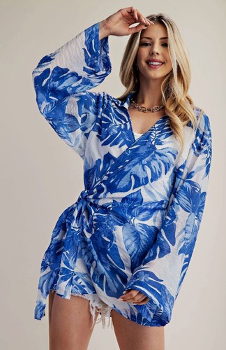 New GIGIO S M L Blue White Tropical Leaves Collared Wrap Long Tunic Top Cruise - Picture 9 of 16