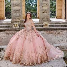 Quinceanera Dresses Luxury Pink Sequin Lace Applique Prom Ball Gowns Sweet 15 16