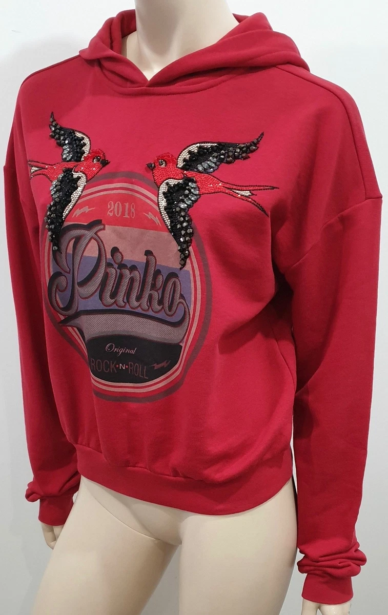 PINKO Women s Deep Red Cotton Sequin Bird Detail Hooded