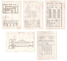 Stampe antiche ARCHITETTURA BAGNI LAVATOI 5 fogli Pomba 1860 Antique prints