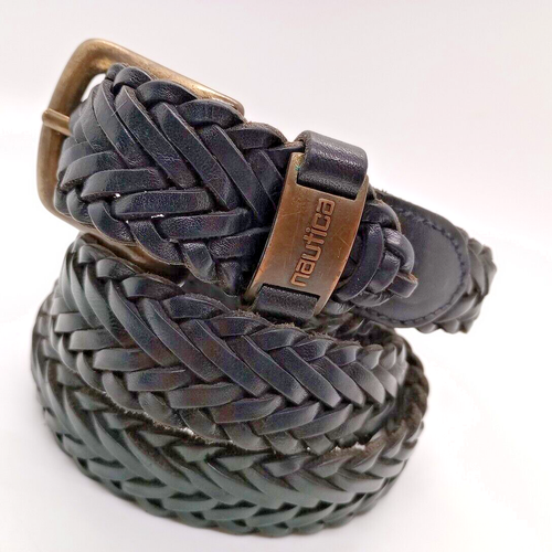 VTG Nautica Black Braided Woven Leather Belt Brass Buckle Copper Logo