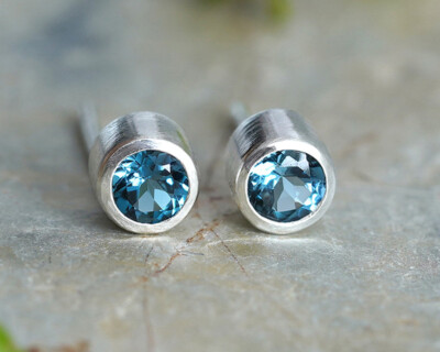 4.5mm Natural London Blue Topaz Solitaire Stud Earrings, Natural Topaz Ear Studs