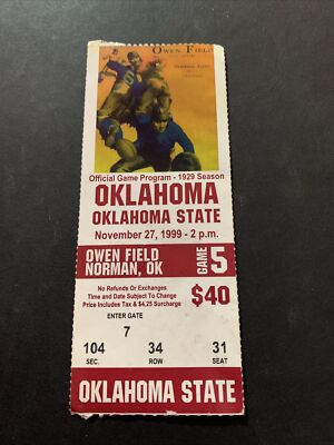 1999 Oklahoma Sooners Oklahoma State Cowboys Football Ticket