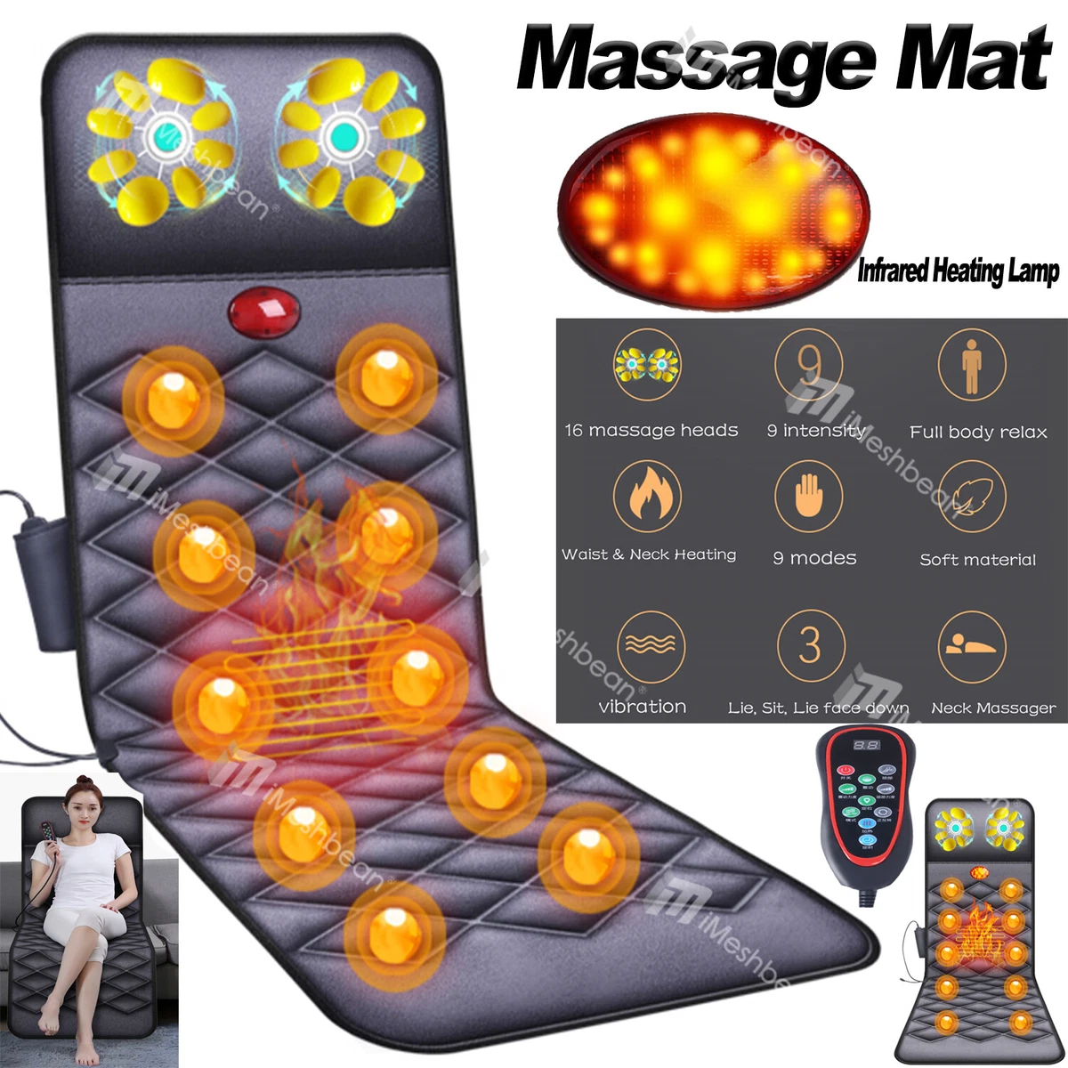 Massage Mat, iMeshbean Back Heating Pad Full Body Massage Pad, 9 Vibrating  Motors, Shoulder Back Leg Massager for Pain Relief