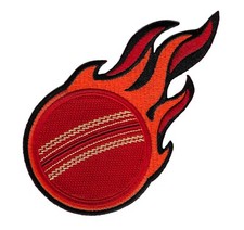 FLAMING CRICKET BALL PATCH - BADGE IRON-ON SPORTS EMBROIDERED TEAM UNIFORM PITCH