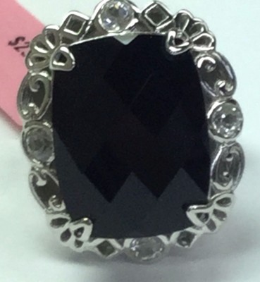 Antique Style Silver 925 Faceted Black Onyx CZ Halo Cocktail Statement Ring
