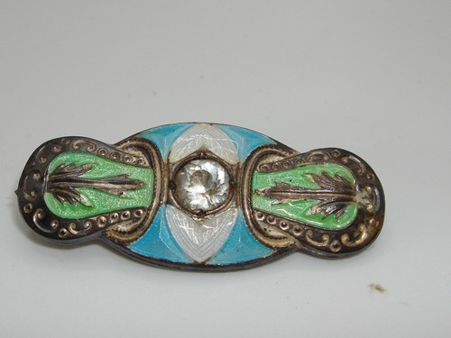 ANTIQUE ART NOUVEAU SILVER W/CLOISONNE ENAMEL & FACETED BRILLIANT PIN!