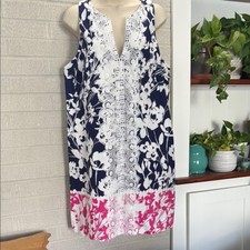 Eliza J Sleeveless Shift Dress Size 14 Floral Navy Pink White Lace overlay Lined