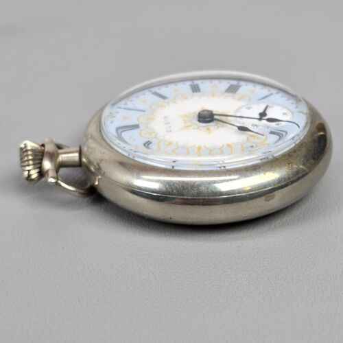 VTG Elgin Pocket Watch Gold & Blue Dial Silver Case W/ Locomotive Design 18s 7j - Picture 7 of 11