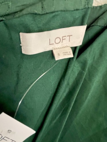 LOFT Midi Dress Womens 8 Smocked Cotton Ruffle Eyelets Lined Forest Green NEW - Picture 8 of 12