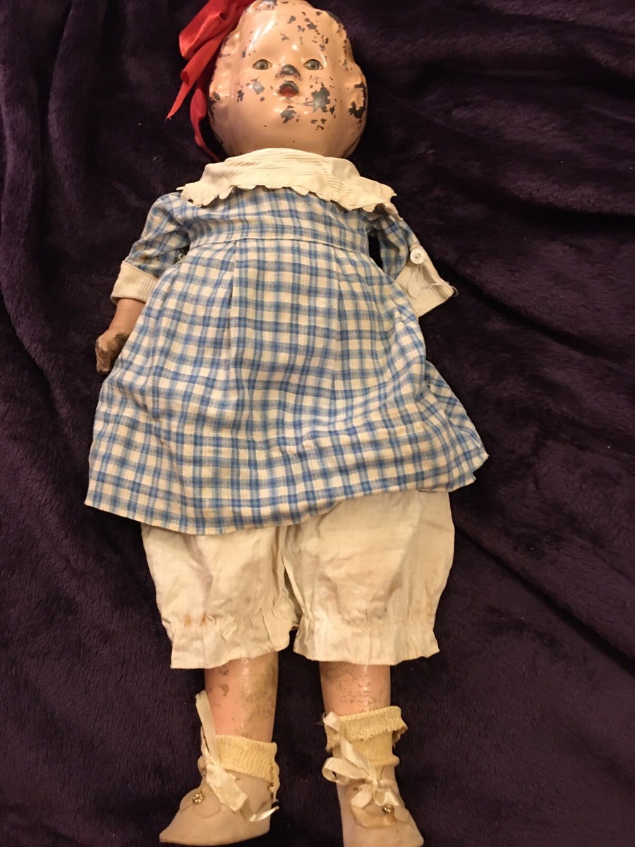 Antique Tin Headed Composition Doll With Head Loop For Bow Missing