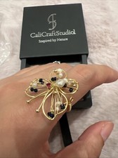 14k Yellow Handmade Gold Pave Pearl Butterfly Cocktail Ring Adjustble Size