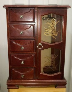 Vintage Large Wood Jewelry Box Cabinet Case Chest Organizer