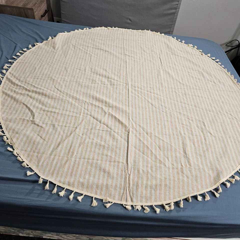 Mantel Redondo Mantel Cubierta Paño Beige Blanco Rayas Borla Flecos 59" Foto 4 de 4