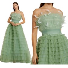 Mac Duggal 20530 Sage Green Feather Ruffle Strapless Ball Gown Dress Size 6