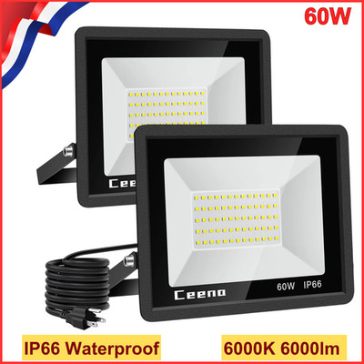 Ceena 2 Pack 60W Plug in LED Flood Light Outdoor, 6000lm Super Bright Floodlight