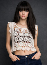 LoveShackFancy Crochet Lace Ruffle Blouse XS Ivory Cotton Boho Coquette whimsy