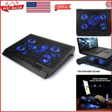 Blue Laptop Cooling Pad with Built-In Bumpers - 5 Fans for Optimal Cooling