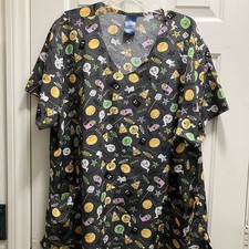 Zoe  Chloe Gray Halloween 3X Scrub Top Ghost Candy corn Monsters