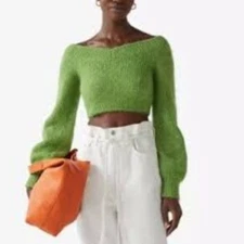 & Other Stories Green Off Shoulder Cropped Wool Knit Jumper Sweater XS Alpaca