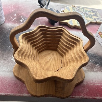 Vintage Handcrafted Folding Spiral Collapsible Wooden Basket Trivet Bowl Flower
