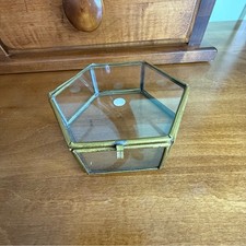 Vintage Hexagonal Glass and brass Trinket Box curio jewelry 4  hinged display