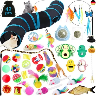 YUTUY Katzenspielzeug Set mit Katzentunnel,42 Stück Katzen Spielzeug Set,Mit