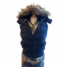 Y2K Vintage cropped puffer gilet vest faux fur removable hoodie Size UK 8