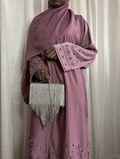 Mauve Rhinestone Dubai Abaya Modest Dress Elegant Islamic Women Wear Size52-62