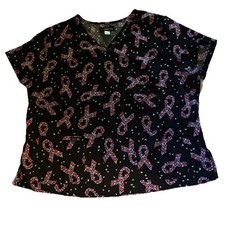 Koi Women  s Scrub Top Breast Cancer Ribbons With Butterflies On Black 3x