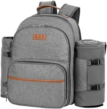 Gray Picnic Backpack Kit Detachable Bottle Cooler Blanket Flatware Set for 4 