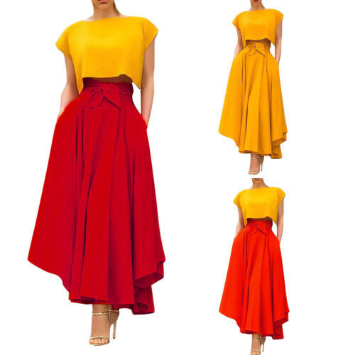 Women's Elastic High Waist A Line Skirts Swing Beach Maxi Skirt with Pockets