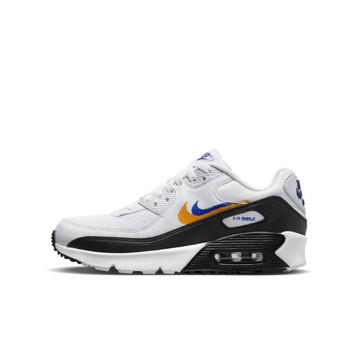 FJ4592 100 Grade School Nike AIR MAX 90 DOUBLE SWOOSH WHITE BLACK GOLD ROYAL