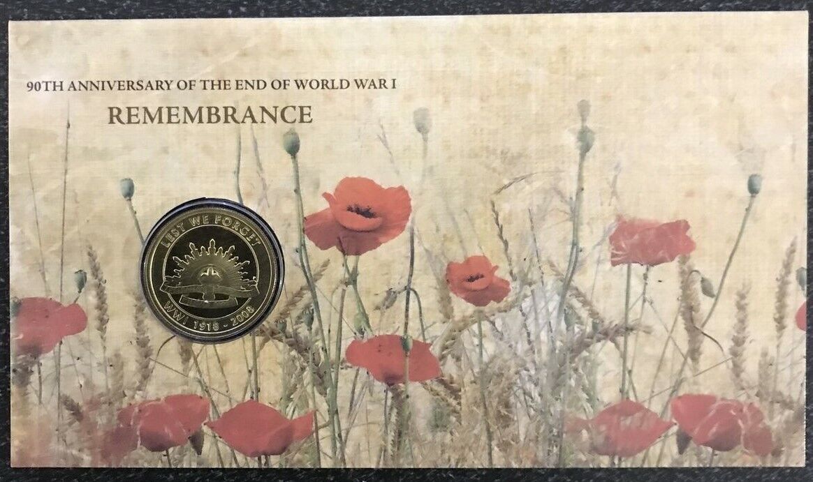 2008 $1 Red Poppy ANZAC REMEMBRANCE End of WWI UNC on Souvenir Card