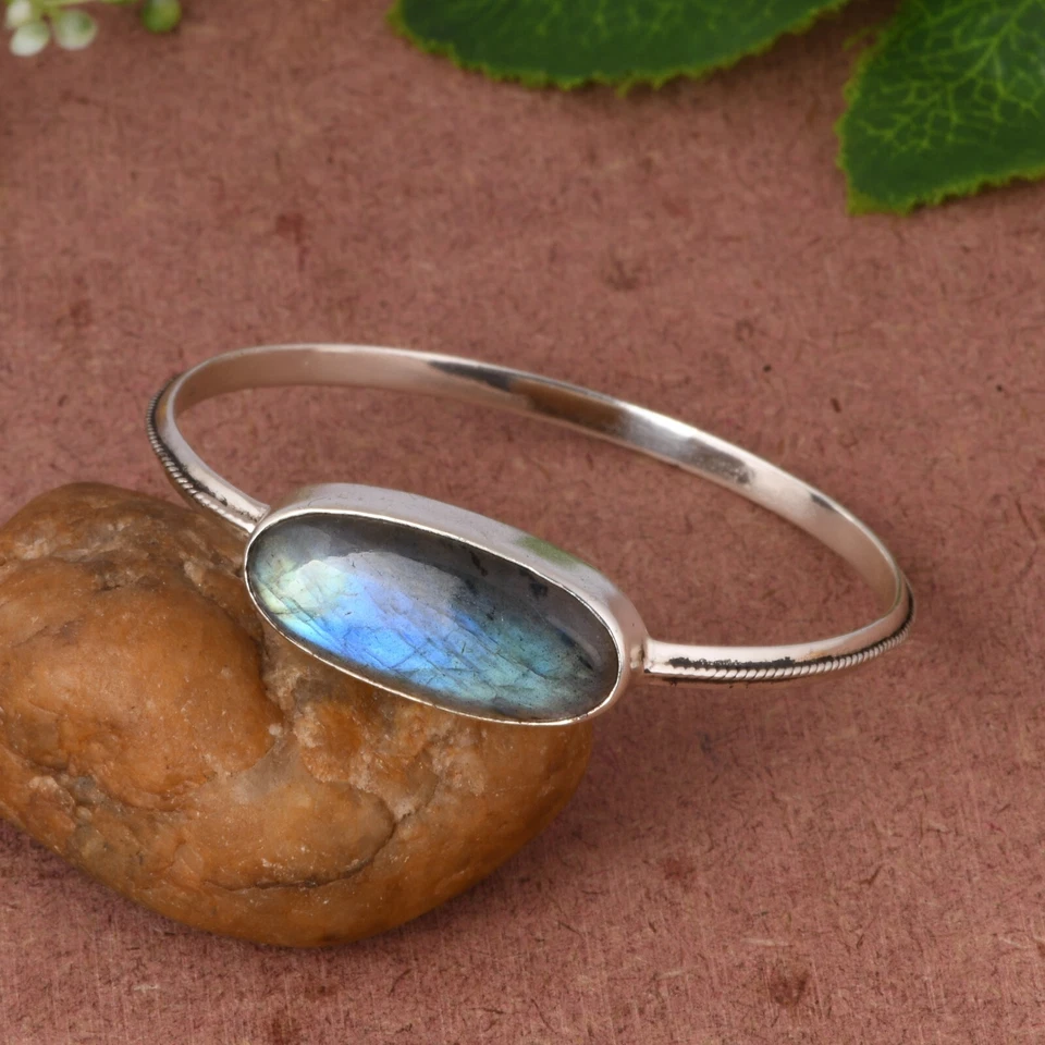 925 Sterling Silver Natural Labradorite Gemstone Sleek Women's Bangle Jewelry - Image 3 of 4