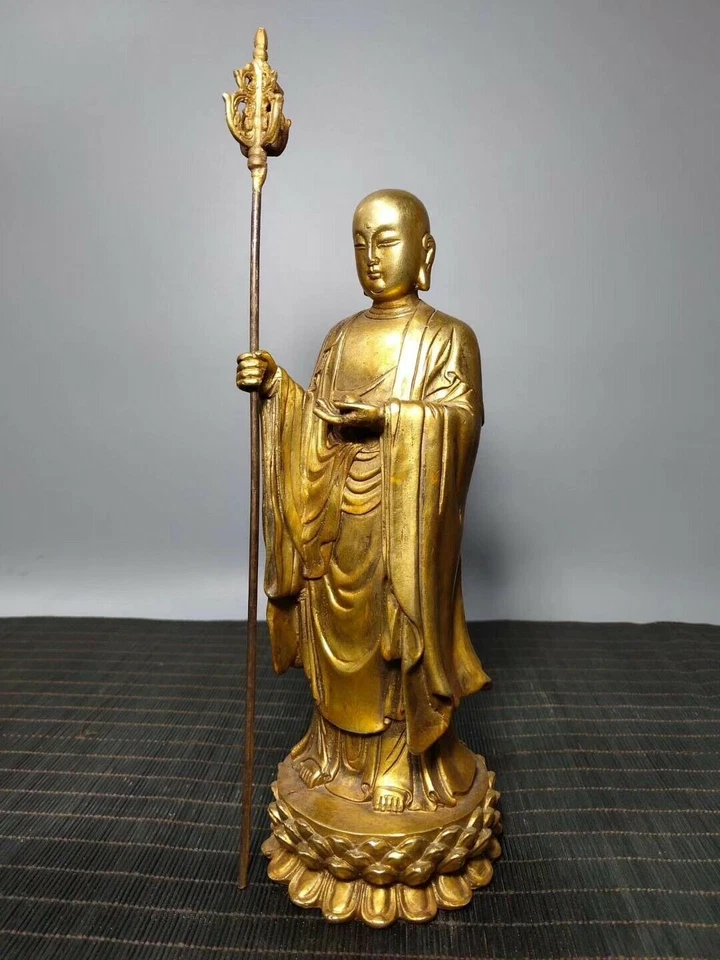 Antiguo Tíbet Bronce Dorado Ksitigarbha Boddhisattva Líder del Inframundo Estatua de Buda Foto 3 de 4