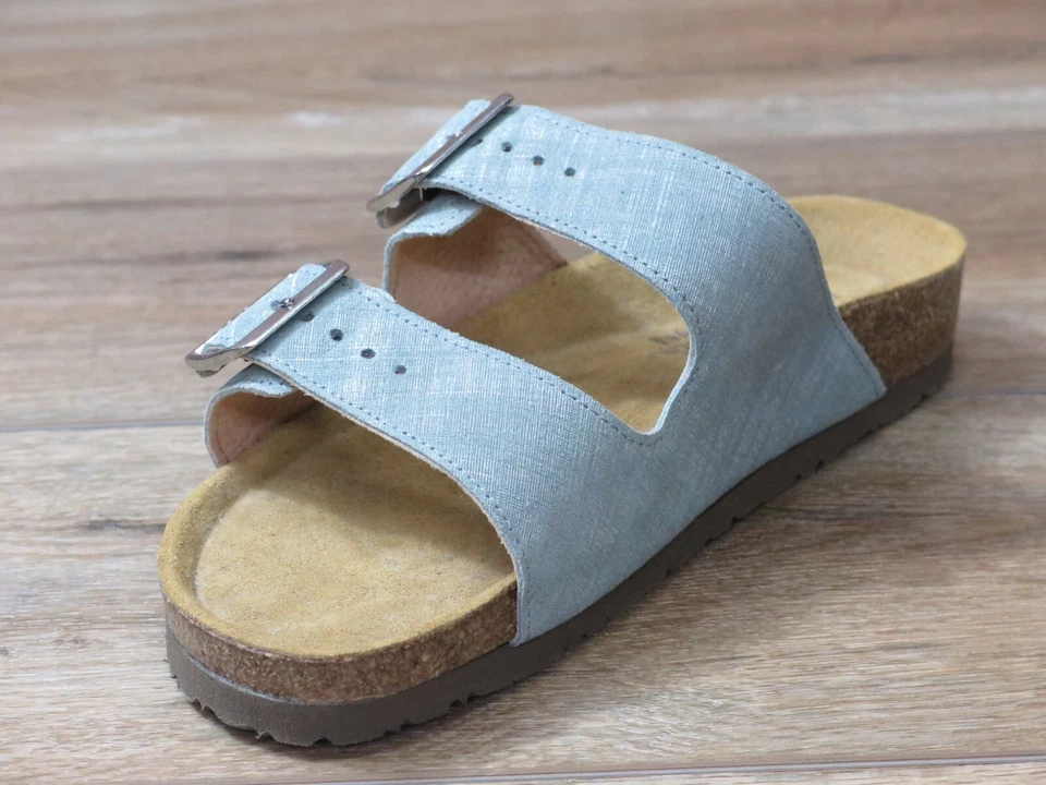 Para mujeres NAOT Santa Bárbara verde azulado lino cuero tobogán con correas de hebilla *7500-GAB Foto 3 de 4