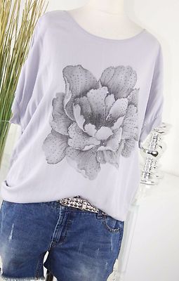 ITALY MODA Shirt FLOWER Blüten STRASS TShirt Vintage HELLGRAU Gr L XL 40 42 Top