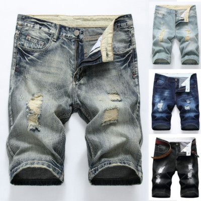 Men Ripped Jeans Midi Pants Shorts Denim Knee Length Jeans Shorts Casual  Summer
