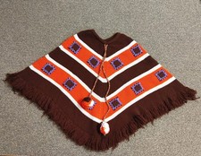 Vintage Knit Poncho Cape Brown Orange White Purple Pom Strings Acrylic OSFA