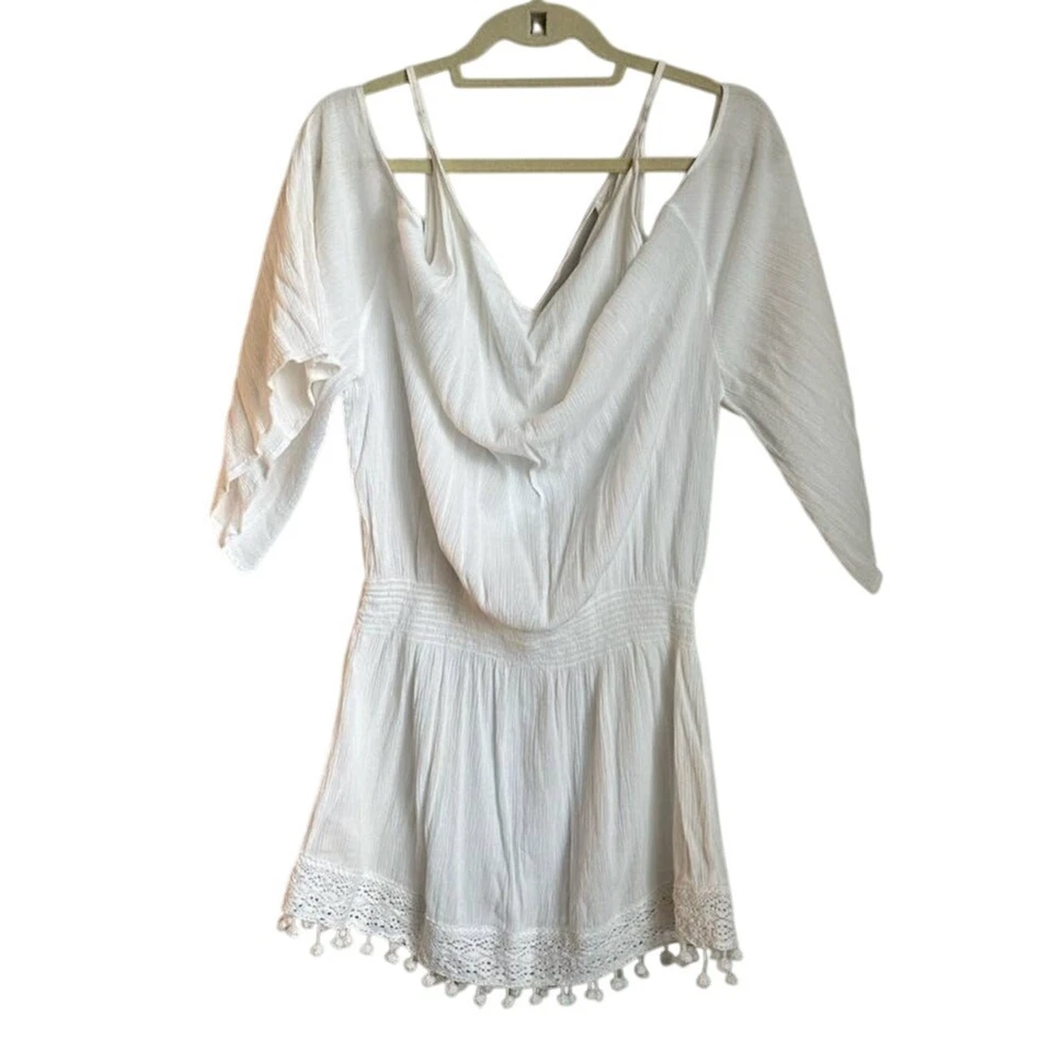 Maiô feminino Ella Moss branco bordado ombro frio capa grande - Imagem 3 de 4